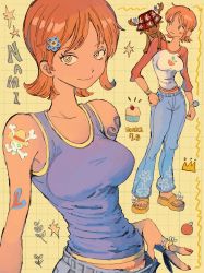 Rule 34 | 1girl, bracelet, breasts, character name, closed mouth, dated, denim, full body, hair ornament, hat, highres, jeans, jewelry, looking at another, looking at viewer, makenevemoiine, nami (one piece), one piece, orange eyes, orange hair, pants, sandals, shirt, short hair, shoulder tattoo, sleeveless, sleeveless shirt, tank top, tattoo, tony tony chopper, upper body