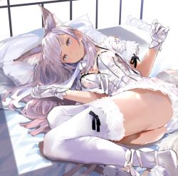 Rule 34 | 1girl, animal ears, ass, black ribbon, blush, breasts, rabbit ears, rabbit tail, closed mouth, copyright request, fur trim, gloves, grey eyes, grey hair, grey leotard, hair spread out, highres, kanasebench, large breasts, leotard, long hair, looking at viewer, lying, on bed, on side, pillow, pink pupils, ribbon, short hair, simple background, solo, tail, thighhighs, white background, white gloves, white ribbon