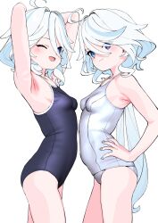 Rule 34 | 1girl, ;d, ahoge, armpits, arms up, blue hair, blue one-piece swimsuit, breasts, buta tsuzumi, commentary request, fingernails, from side, furina (genshin impact), genshin impact, hair intakes, hand on own hip, highres, looking at viewer, multiple views, nail polish, one-piece swimsuit, one eye closed, open mouth, petite, school swimsuit, simple background, small breasts, smile, swimsuit, white background, white one-piece swimsuit