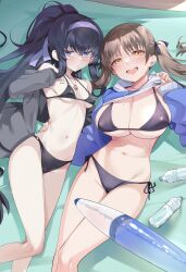 Rule 34 | 2girls, absurdres, bare shoulders, bikini, black bikini, black hair, blue archive, blue eyes, blue hoodie, blush, breasts, brown eyes, brown hair, cleavage, clothes lift, collarbone, crop top, crop top overhang, cropped hoodie, drawstring, grey sweater, hairband, halo, highres, hood, hoodie, inflatable toy, jewelry, large breasts, long hair, long sleeves, looking at viewer, moe (blue archive), moe (swimsuit) (blue archive), multiple girls, navel, necklace, open clothes, open mouth, ponytail, sharekoube, sidelocks, small breasts, smile, sweater, swimsuit, thighs, ui (blue archive), ui (swimsuit) (blue archive), very long hair