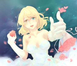 Rule 34 | 1girl, :d, bad id, bad pixiv id, bare shoulders, blonde hair, blue eyes, bouquet, breasts, cleavage, collarbone, dress, female focus, flower, gloves, heterochromia, highres, holding, holding flower, lips, looking at viewer, neck, open mouth, outstretched arm, petals, renown (warship girls r), rose, round teeth, short hair, single glove, smile, solo, strapless, strapless dress, teeth, ululan, warship girls r, wedding dress, white dress, white gloves, yellow eyes