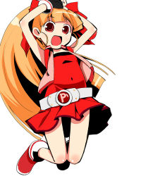 Rule 34 | 00s, 1girl, akazutsumi momoko, arms up, belt, bow, bracelet, dress, fingerless gloves, gloves, hair bow, hyper blossom, jacket, jewelry, long hair, open mouth, orange hair, outstretched arms, ponytail, powerpuff girls, powerpuff girls z, red eyes, shoes, simple background, smile, solo, white background, yuu (kfc)