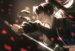 Rule 34 | 1boy, backlighting, black hair, blossom robber, blurry, blurry background, chungmyung, dark background, from side, glint, grin, holding, holding sword, holding weapon, korean commentary, long hair, long sleeves, male focus, ponytail, return of the mount hua sect, smile, solo, sword, upper body, weapon