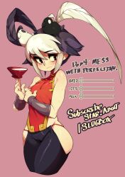Rule 34 | 1girl, absurdres, black eyes, black hair, closed mouth, commentary, cup, dress, english commentary, english text, feng (skullgirls), flat chest, gameplay mechanics, highres, holding, holding cup, multicolored hair, red background, red dress, simple background, skullgirls, slider, sliders, slugbox, solo, transformation, two-tone hair, white hair