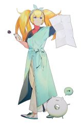 Rule 34 | &gt;:(, akira (coffee curry), alternate costume, blonde hair, blue eyes, blue shirt, cellphone, enemy lifebuoy (kancolle), full body, gambier bay (kancolle), hair ribbon, hairband, highres, kantai collection, long hair, long skirt, map, official art, phone, pointer, ribbon, scan, scan artifacts, shirt, skirt, smartphone, sweatdrop, twintails, white background
