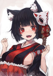 Rule 34 | 1girl, animal ears, azur lane, black hair, blunt bangs, breasts, fangs, fox ears, fox mask, highres, japanese clothes, large breasts, looking at viewer, mask, mask on head, nyucha, open mouth, red eyes, short hair, solo, teeth, upper body, upper teeth only, yamashiro (azur lane)