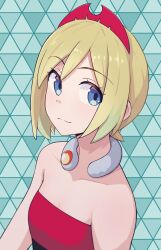 Rule 34 | 1girl, bare shoulders, blonde hair, blue eyes, closed mouth, collarbone, commentary request, creatures (company), eyelashes, game freak, green background, hairband, highres, irida (pokemon), jewelry, looking to the side, neck ring, nintendo, pokemon, pokemon legends: arceus, shirt, short hair, smile, solo, strapless, strapless shirt, umibato, upper body