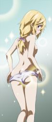 Rule 34 | 10s, 1girl, ass, blonde hair, butt crack, charlotte dunois, colorized, from behind, highres, infinite stratos, looking back, panties, panties only, ponytail, purple eyes, ribbon, solo, sparkle, standing, tappa (esperanza), topless, underwear, underwear only, yataneko (echigo)
