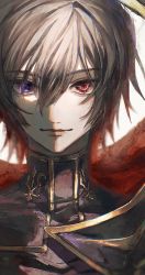 Rule 34 | 1boy, absurdres, black hair, cape, closed mouth, code geass, commentary, hair between eyes, heterochromia, highres, lelouch vi britannia, lips, looking at viewer, male focus, orokudesu, portrait, red cape, red eyes, short hair, smile, solo, symbol in eye, turtleneck