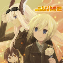 Rule 34 | 3girls, animal ears, blonde hair, blue eyes, brown eyes, brown hair, erica hartmann, fork, gertrud barkhorn, goggles, goggles on head, hanna-justina marseille, head wings, long hair, military, military uniform, multiple girls, potato, profile, short hair, strike witches, uniform, white hair, wings, witches of africa, world witches series, yukko