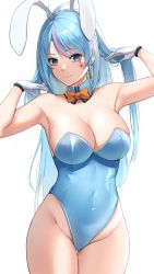 Rule 34 | 1girl, absurdres, animal ears, armpits, azura cecillia, bare legs, blue eyes, blue hair, blue leotard, bow, bowtie, breasts, cleavage, cowboy shot, detached collar, dobure18, gloves, highres, large breasts, leotard, long hair, looking at viewer, multicolored hair, nijisanji, nijisanji id, pink hair, playboy bunny, rabbit ears, simple background, solo, strapless, strapless leotard, streaked hair, virtual youtuber, white background, white gloves, yellow bow, yellow bowtie