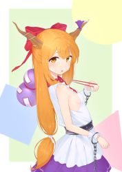 Rule 34 | 1girl, :o, abstract background, absurdres, arched back, arm up, bare arms, breasts, carrying, chain, circle, commentary request, cowboy shot, cuffs, fang, from side, gourd, hair ribbon, head tilt, highres, horn ornament, horn ribbon, horns, ibuki suika, kanpa (campagne 9), long hair, looking at viewer, low-tied long hair, multicolored background, neck ribbon, orange eyes, orange hair, purple skirt, red ribbon, ribbon, shackles, shirt, shoulder carry, sideboob, skirt, sleeveless, sleeveless shirt, small breasts, solo, square, standing, teeth, touhou, triangle, upper teeth only, very long hair, white shirt, wrist cuffs