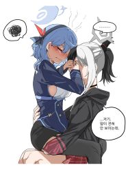 Rule 34 | 2girls, ako (blue archive), black hoodie, black skirt, black thighhighs, blue archive, blue hair, blue jacket, blush, breasts, choker, commentary request, covering another&#039;s eyes, demon horns, garter straps, hairband, halo, hand on another&#039;s waist, highres, hood, hoodie, horns, jacket, kayoko (blue archive), korean commentary, korean text, long sleeves, multicolored hair, multiple girls, pleated skirt, ponytail, sideboob, sideless shirt, sitting, sitting on lap, sitting on person, skirt, speech bubble, thighhighs, translation request, two-tone hair, white background, white hair, yuri, zhdyalba