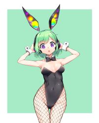 Rule 34 | 1girl, animal ear headphones, animal ears, aqua background, black bow, black bowtie, black leotard, bow, bowtie, breasts, chestnut mouth, covered navel, cowboy shot, detached collar, fake animal ears, fishnet pantyhose, fishnets, green hair, hands on headphones, headphones, highres, leotard, looking at viewer, original, overlord (overlord80000), pantyhose, playboy bunny, purple eyes, rabbit ear headphones, rabbit ears, rabbit girl, short hair, simple background, small breasts, solo, standing, strapless, strapless leotard, wrist cuffs