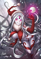 Rule 34 | 1girl, abigail williams (fate), adsouto, breasts, christmas, colored skin, fate/grand order, fate (series), gloves, grin, hat, highres, keyhole, large breasts, long hair, aged up, panties, red eyes, red gloves, red panties, santa hat, smile, space, tentacles, third eye, underwear, very long hair, white hair, white skin