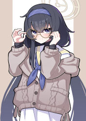 Rule 34 | 1girl, absurdres, black hair, blue archive, blue hairband, blue neckerchief, blush, brown background, brown cardigan, cardigan, closed mouth, hairband, halo, highres, long hair, looking at viewer, low twintails, mushipan (mushipann26), neckerchief, purple eyes, round eyewear, sailor collar, skirt, solo, twintails, two-tone background, ui (blue archive), very long hair, white background, white sailor collar, white skirt, yellow halo