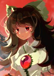 Rule 34 | 1girl, :|, arm cannon, arms at sides, bow, breasts, brown hair, closed mouth, collared shirt, comkdom, commentary, green bow, hair bow, highres, long hair, looking afar, medium breasts, messy hair, red background, red eyes, reiuji utsuho, shirt, short sleeves, simple background, solo, third eye, touhou, upper body, weapon, white shirt