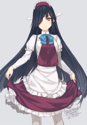 Rule 34 | 10s, 1girl, alternate costume, artist name, blush, breasts, brown eyes, dated, dress, enmaided, grey background, grey pantyhose, hair over one eye, hayashimo (kancolle), kantai collection, long hair, looking at viewer, maid, pantyhose, rokuwata tomoe, simple background, smile, solo, twitter username, very long hair