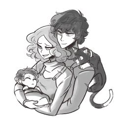 Rule 34 | 1boy, 1girl, absurdres, amamiya ren, baby, brown theme, cat, commentary, closed eyes, family, highres, if they mated, monochrome, morgana (persona 5), okumura haru, persona, persona 5, scruffyturtles, short hair
