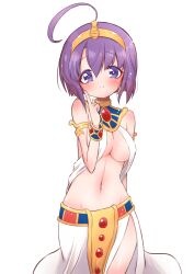 Rule 34 | 1girl, ahoge, bare shoulders, blush, breasts, cleavage, closed mouth, commentary request, egyptian clothes, hair between eyes, hand up, index finger raised, jashin-chan dropkick, looking at viewer, medium breasts, medusa (jashin-chan dropkick), muu rian, purple eyes, purple hair, short sleeves, simple background, smile, solo, usekh collar, white background