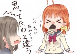 Rule 34 | &gt; &lt;, 10s, 2girls, ^^^, ahoge, blue eyes, blush, bow, bowtie, brown hair, buttons, closed eyes, eyebrows, food, full mouth, hair bow, hair ornament, hair ribbon, hairclip, long sleeves, love live!, love live! sunshine!!, mizukoshi (marumi), multiple girls, orange hair, pleated skirt, pocky, pocky day, pocky kiss, red bow, red bowtie, ribbon, school uniform, serafuku, shared food, short hair, skirt, speech bubble, takami chika, too many, translation request, turn pale, watanabe you, wavy mouth