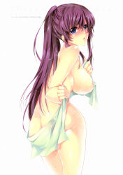 Rule 34 | 1girl, absurdres, ass, blue eyes, blush, breasts, covered erect nipples, cowboy shot, highres, holding, large breasts, long hair, looking at viewer, naked towel, namaiki!, open mouth, original, ponytail, purple hair, scan, simple background, solo, towel, white background, yu (bkks)
