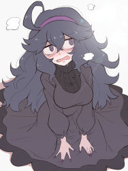 Rule 34 | 1girl, @ @, absurdres, ahoge, alternate breast size, breasts, creatures (company), dress, eyebrows, frilled dress, frills, game freak, hair between eyes, hairband, half-closed eyes, hex maniac (pokemon), highres, kurachi mizuki, large breasts, long dress, long hair, looking to the side, messy hair, nintendo, on floor, open mouth, pokemon, pokemon xy, purple eyes, purple hair, purple nails, ribbed sweater, simple background, sitting, solo, steam, sunlight, sweat, sweatdrop, sweater, turtleneck, turtleneck sweater, wavy hair