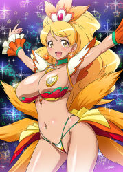 Rule 34 | 10s, 1girl, adapted costume, alternate costume, alternate form, armpits, arms up, bikini, blonde hair, blush, breasts, brooch, choker, cleft of venus, cure honey, cure honey (coconut samba), earrings, eyelashes, happinesscharge precure!, heart, heart brooch, jewelry, joy ride, large breasts, long hair, magical girl, navel, navel piercing, oomori yuuko, outstretched arms, pasties, piercing, precure, revealing clothes, samba, smile, solo, spread arms, swimsuit, wedgie, yellow eyes