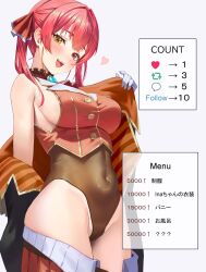 Rule 34 | 1girl, black jacket, black leotard, breasts, cameltoe, cleft of venus, clothes pull, covered navel, cropped jacket, gloves, groin, hair between eyes, hair ribbon, heart, heterochromia, highleg, highleg leotard, highres, hololive, houshou marine, jacket, kobayashi (jna x rgh), large breasts, leotard, leotard under clothes, looking at viewer, navel, open mouth, red eyes, red hair, red jacket, red ribbon, red skirt, ribbon, see-through, see-through leotard, sideboob, sidelocks, simple background, skirt, skirt around legs, skirt pull, stomach, teeth, thighs, twintails, upper teeth only, virtual youtuber, white background, white gloves, yellow eyes
