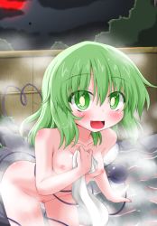Rule 34 | 1girl, :d, blush, breasts, eyeball, green eyes, green hair, komeiji koishi, looking at viewer, matching hair/eyes, nipples, nude, oden (th-inaba), onsen, open mouth, short hair, smile, solo, steam, third eye, touhou