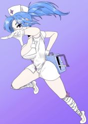 Rule 34 | 1girl, absurdres, arm up, blue hair, bonesaw, breasts, cleavage, gloves, hat, highres, large breasts, latex, latex gloves, leg wrap, looking at viewer, mask, mouth mask, nurse cap, pata n, ponytail, pouch, purple background, red eyes, saw, skullgirls, solo, surgical mask, valentine (skullgirls)