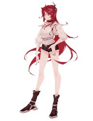 Rule 34 | 1girl, arknights, bare legs, black choker, black horns, black nails, boots, brown footwear, chinese commentary, choker, commentary request, full body, hand on own hip, highres, horns, long hair, long sleeves, looking at viewer, nail polish, parted lips, purple eyes, red hair, shidai, shirt, short shorts, shorts, simple background, solo, standing, surtr (arknights), white background, white shirt