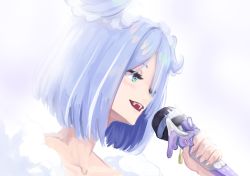 Rule 34 | 1girl, blue eyes, blue hair, collarbone, commentary, elira pendora, elira pendora (2nd costume), english commentary, fangs, fur trim, hair over one eye, head wings, highres, holding, holding microphone, looking down, microphone, music, nijisanji, nijisanji en, off shoulder, official alternate costume, one eye covered, open mouth, qtini, short hair, singing, smile, solo, virtual youtuber, wings