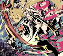 Rule 34 | 1girl, blonde hair, boots, buttons, closed mouth, coat, commentary, english commentary, glint, gloves, green eyes, hair between eyes, highres, holding, holding scythe, holding weapon, looking at viewer, maka albarn, moon, night, night sky, scythe, skirt, sky, soul eater, taku (aywakutakuay), twintails, weapon