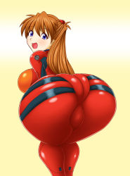 Rule 34 | 1girl, ass, bent over, blue eyes, blush, bodysuit, breasts, female focus, from behind, hair ornament, highres, huge ass, large breasts, leaning, leaning forward, long hair, looking at viewer, neon genesis evangelion, open mouth, orange hair, pixiv1478062, plugsuit, shiny clothes, shiny skin, smile, solo, souryuu asuka langley