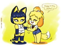 Rule 34 | 2girls, :3, animal crossing, animal ears, animal hands, ankha (animal crossing), artist name, bandages, bare shoulders, barefoot, bell, black eyes, blonde hair, blue hair, blue skirt, blunt bangs, blush, cat ears, cat tail, character name, closed mouth, dated, dog ears, dog girl, dog tail, dress, english text, female focus, flat chest, full body, furry, furry female, green vest, hair bell, hair ornament, hair tie, hand up, hands up, handshake, happy, happy birthday, highres, isabelle (animal crossing), jingle bell, joao pereira, light blush, looking at another, miniskirt, multiple girls, neck ribbon, nintendo, open mouth, pencil skirt, raised eyebrow, red ribbon, ribbon, shirt, short dress, short hair, short sleeves, signature, simple background, skirt, smile, snake hair ornament, speech bubble, standing, tail, talking, teeth, topknot, vest, white dress, white shirt, yellow background
