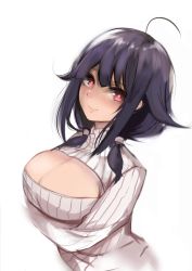 Rule 34 | 10s, 1girl, ahoge, bad id, bad pixiv id, blush, breasts, cleavage, cleavage cutout, clothing cutout, cucurbita, female focus, huge breasts, kantai collection, long hair, looking at viewer, meme attire, open-chest sweater, purple hair, red eyes, ribbed sweater, smile, solo, sweater, taigei (kancolle), turtleneck, twintails