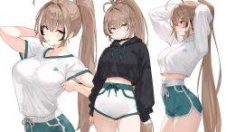 Rule 34 | 1girl, absurdres, ahoge, alternate costume, arms behind head, black hair, bluefield, blush, breasts, brown eyes, brown hair, commentary, cropped hoodie, cropped sweater, dolphin shorts, feather hair ornament, feathers, from side, green shorts, hair ornament, hairclip, high-waist shorts, highres, hololive, hololive english, hood, hood down, hoodie, large breasts, long hair, looking ahead, midriff, multicolored hair, nanashi mumei, navel, open mouth, ponytail, see-through, see-through shirt, see-through silhouette, shirt, short shorts, short sleeves, shorts, simple background, solo, streaked hair, stretching, sweat, sweater, turtleneck, turtleneck sweater, upper body, very long hair, virtual youtuber, white background, white hair, white shirt, white sweater