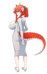 Rule 34 | 1girl, ahoge, aningay, ass, blush, breasts, brown eyes, character request, closed mouth, commentary request, cropped jacket, dongtan dress, dragon girl, dragon horns, dragon tail, dress, flower, from behind, full body, grey dress, grey footwear, grey jacket, hair between eyes, hair flower, hair ornament, heterochromia, highres, holding, horns, huge breasts, indie virtual youtuber, jacket, korean commentary, long sleeves, meme attire, open clothes, open jacket, orange hair, pantylines, red eyes, shoes, simple background, sleeves past wrists, smile, solo, tail, virtual youtuber, white background, white flower