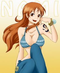 Rule 34 | 1girl, bare shoulders, bikini, bikini top only, bracelet, breasts, character name, cleavage, denim, female focus, gradient background, happy, jeans, jewelry, large breasts, legs, long hair, looking at viewer, matching hair/eyes, nami (one piece), one piece, open mouth, orange eyes, orange hair, pants, pirate, sabaody archipelago, siki (purple software), sitting, smile, solo, swimsuit, tattoo, yellow background