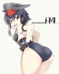 Rule 34 | 10s, 1girl, :d, armband, ass, bare shoulders, bent over, black gloves, black hair, blue one-piece swimsuit, breasts, brown eyes, character name, crop top, fingerless gloves, from behind, gloves, grey hat, hair between eyes, hands on own hips, hat, headphones, i-14 (kancolle), kantai collection, looking back, one-piece swimsuit, open mouth, school swimsuit, school uniform, serafuku, shigino sohuzi, shirt, short hair, silhouette, sleeveless, sleeveless shirt, small breasts, smile, solo, standing, swimsuit, teeth, text focus, white shirt