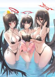 Rule 34 | 3girls, arm under breasts, beach, bikini, black bikini, black hair, blue archive, bow, breasts, clothes around waist, flower, girl sandwich, hair bow, hair flower, hair ornament, halo, hand in own hair, hand on another&#039;s shoulder, hasumi (blue archive), highres, jacket, jacket around waist, large breasts, long hair, looking at viewer, mashiro (blue archive), mashiro (swimsuit) (blue archive), multiple girls, navel, pdxen, pink jacket, purple eyes, red eyes, sandwiched, short hair, small breasts, swimsuit, tsurugi (blue archive), tsurugi (swimsuit) (blue archive), very long hair, wading, water, winged halo, wings