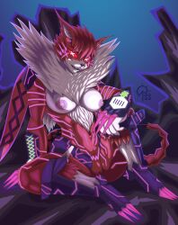 Rule 34 | + +, 10s, 1girl, armor, breasts, claws, cleft of venus, digimon, digimon adventure tri., fangs, fur collar, furry, furry female, glowing, glowing markings, highres, large breasts, meicrackmon vicious mode, navel, neon trim, nipples, pussy, red eyes, sacrificabominat, sharp nails, shoulder armor, sitting, thighs, wide hips