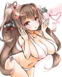 Rule 34 | 10s, 1girl, alternate costume, arched back, arms at sides, bikini, breasts, brown hair, cherry blossoms, cleavage, eyebrows, flower, geckolion, hair flower, hair ornament, headgear, kantai collection, large breasts, long hair, looking at viewer, midriff, open mouth, ponytail, side-tie bikini bottom, solo, stomach, swimsuit, very long hair, white bikini, yamato (kancolle)
