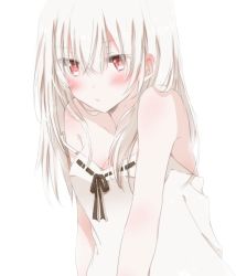 Rule 34 | 1girl, albino, blush, breasts, cleavage, dress, hair between eyes, hiro (hirohiro31), long hair, looking at viewer, original, red eyes, small breasts, solo, strap slip, white background, white dress, white hair