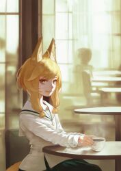 Rule 34 | 1girl, animal ear fluff, animal ears, blonde hair, closed mouth, coffee, commentary request, cup, curtains, fox ears, fox girl, highres, indoors, long sleeves, looking at viewer, mug, nito (nshtntr), original, shirt, short hair with long locks, sitting, solo, steam, table, white shirt, window, yellow eyes