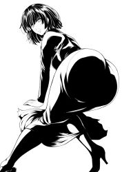 Rule 34 | 1girl, ass, boots, fubuki (one-punch man), greyscale, haruhisky, high heel boots, high heels, highres, leaning forward, limited palette, looking at viewer, looking back, monochrome, one-punch man, short hair, solo, thighs