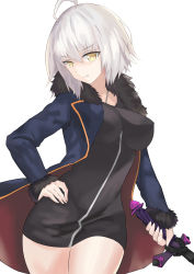 Rule 34 | 1girl, ahoge, black dress, breasts, coat, commentary request, cowboy shot, dress, fate/grand order, fate (series), fur collar, fur trim, hand on own hip, holding, holding sword, holding weapon, jeanne d&#039;arc (fate), jeanne d&#039;arc alter (fate), jeanne d&#039;arc alter (ver. shinjuku 1999) (fate), large breasts, official alternate costume, open clothes, open coat, short hair, silver hair, sword, tsurime, weapon, white background, wicked dragon witch ver. shinjuku 1999, yami (konekoten), yellow eyes