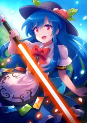 Rule 34 | 1girl, 60mai, :d, black headwear, blouse, blue hair, blue skirt, blush, bow, bowtie, commentary request, cowboy shot, food, fruit, glowing, hand up, hinanawi tenshi, holding, holding sword, holding weapon, leaf, long hair, looking at viewer, open mouth, peach, petticoat, puffy short sleeves, puffy sleeves, red bow, red bowtie, red eyes, shirt, short sleeves, sidelocks, skirt, smile, solo, sword, sword of hisou, touhou, weapon, white shirt
