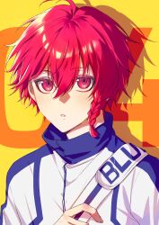 Rule 34 | 1boy, blue jacket, blue lock, braid, highres, jacket, kurona ranze, looking at viewer, male focus, multicolored clothes, multicolored jacket, parted lips, red eyes, red hair, short hair, side braid, single braid, solo, tsukky, two-tone jacket, upper body, white jacket, yellow background